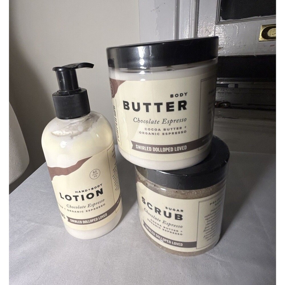 Set 3 Pompeii Soap Company USA - chocolate Espresso Body Butter, Lotion, Scrub